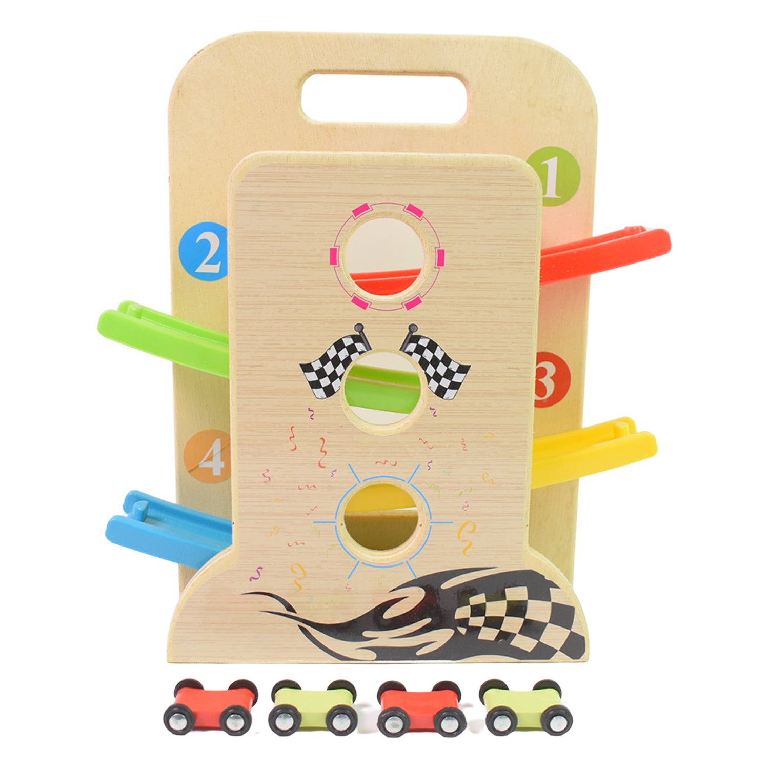 Wooden Ramp Racer Race Track Vehicle Play Sets With 4 Mini Racers (With Handle) Wooden Ramp Racer Race Track Vehicle Play Sets With 4 Mini Racers (With Handle)